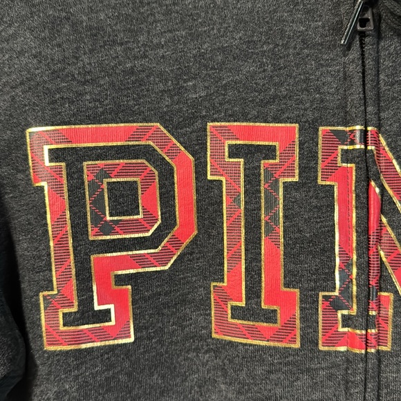 PINK Victoria's Secret Everyday Lounge Full Zip Charcoal Plaid Hoodie Size M - Picture 8 of 14